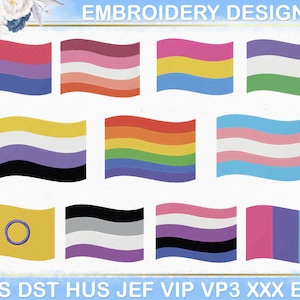 May include: An image featuring various colorful flags, each representing different identities. The flags are waving, with the text "EMBROIDERY DESIGNS" at the top. The bottom of the image displays file format abbreviations.