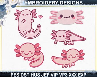 Axolotl Machine Embroidery Design, Cute Funny Baby Axolotl Axotolus Kawaii Axolotl Embroidery Dst Pes File
