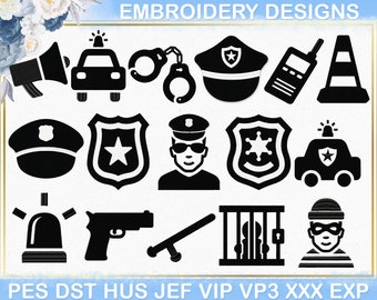 Polizei Icons Maschinenstickerei, Jail Stickmuster, Polizist Stickdatei, Polizei Abzeichen Sherif Stickerei
