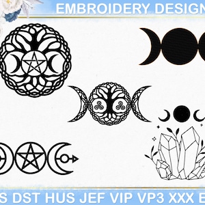 Triple Moon Goddess Machine Embroidery Design, Wiccan Pagan Wicca Witchcraft Tree of life Embroidery File