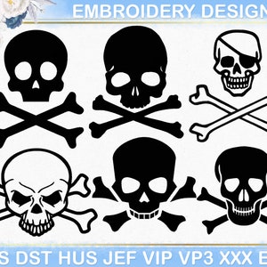 Puede incluir: Diseños de bordado en blanco y negro con calaveras y huesos cruzados. La imagen incluye seis diseños de calaveras diferentes, algunos con parche en el ojo. El texto "EMBROIDERY DESIGNS" está en la parte superior.