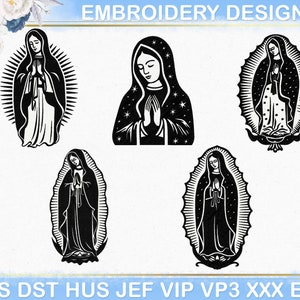 May include: A collection of five black and white embroidery designs featuring the Virgin Mary. Each design depicts the Virgin Mary in a different pose, with hands clasped in prayer. The designs are surrounded by an oval or halo shape. The text "EMBROIDERY DESIGNS" is at the top.