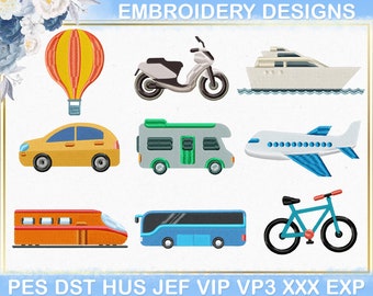 Transport Embroidery Designs, Vehicles Embroidery File, Train Plane Car Bicycle Bus