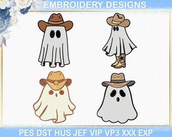 Diseño de bordado a máquina de fantasma vaquero, fantasma vaquero espeluznante y divertido con sombrero de vaquero para Halloween (archivo DST/PES).