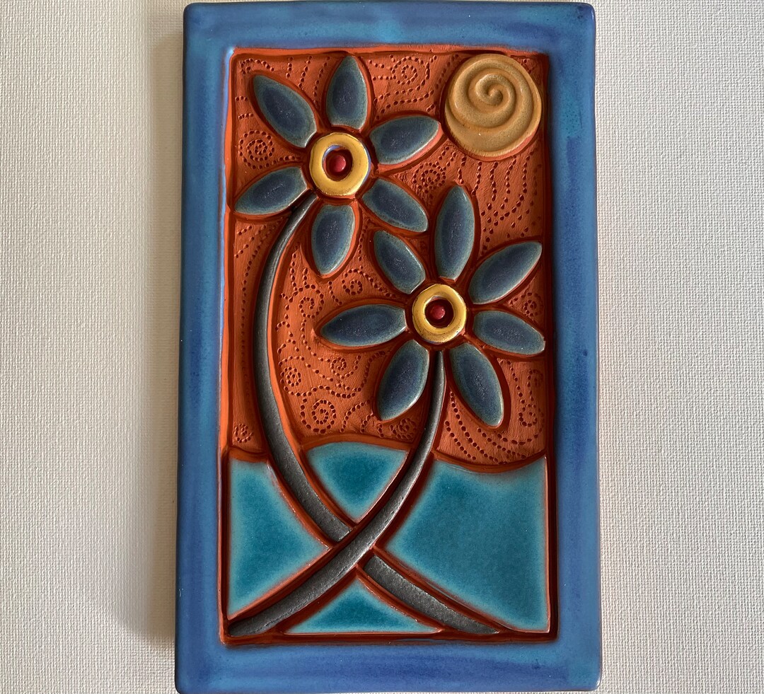 Rustic Earthy Handmade ART Tile W/ Flowers Glazed Earthenware Etsy