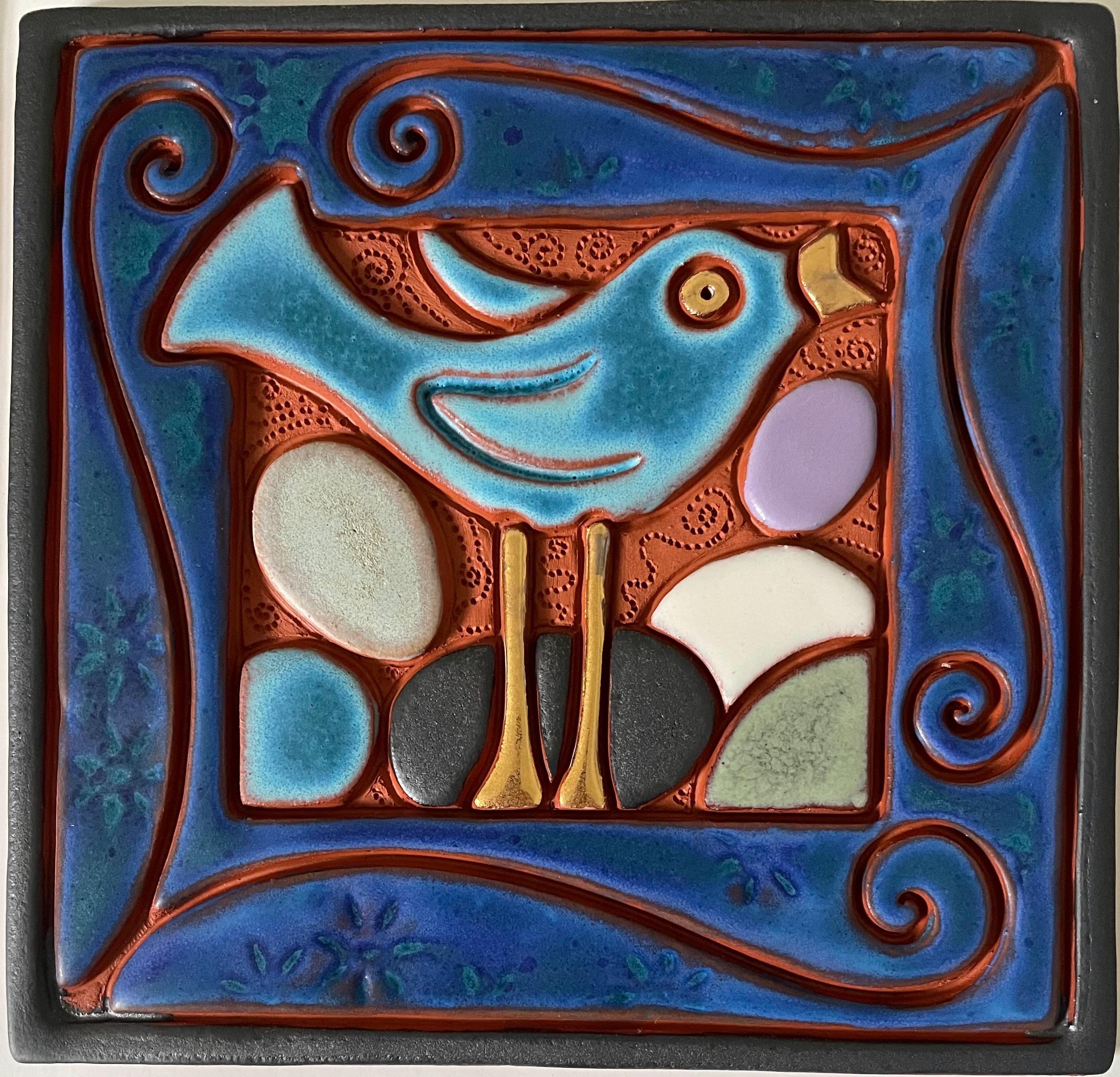 7”x 7.25” hand made ceramic bluebird tile - Glazed earthenware clay + 22k gold accents / bird nest + colorful eggs bas relief art tile BIRDS