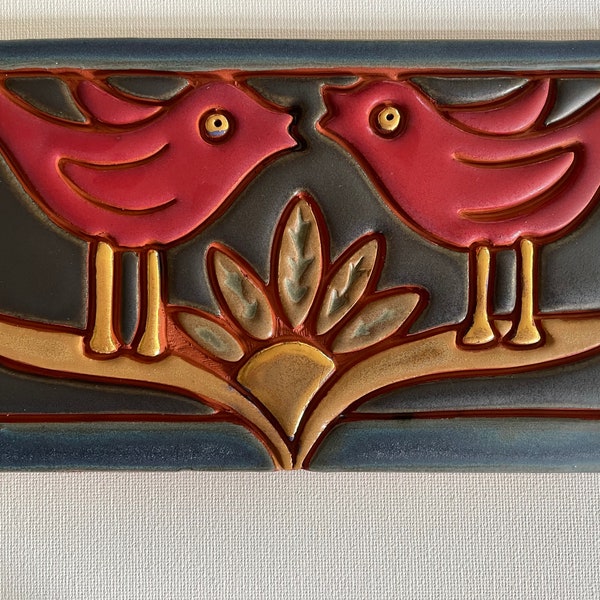 Decorative Lovebirds ART tile / Handmade in Kentucky / Red Birds - primitive folk art style- rustic colors + 22k gold / 4.5" x 7.75"- PEACE