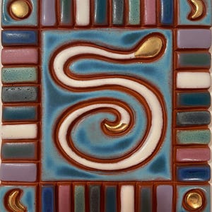 Serpent ART tile -Brightly colored glazes + 22k gold moons Ceramic Snake Wall plaque - ready to hang small original art.  Fertility symbol