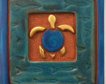 Clay turtle ART tile - 5" square / handmade gifts / Sea Turtles + Fish /  glazed terra cotta clay - blue, turquoise + 22k gold / Made in USA