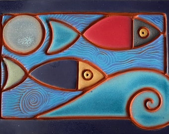 Colorful fish ART tile - Ocean scene w/ waves + full blue moon - Glazed earthenware clay + 22k gold / Handmade in USA / Beach house decor