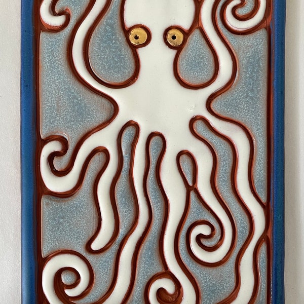 Octopus ART Tile / 7.25 X 5"/ Ocean creature - white+ blue octopus plaque /  Glazed earthenware clay + 22k gold / bath-shower back splash