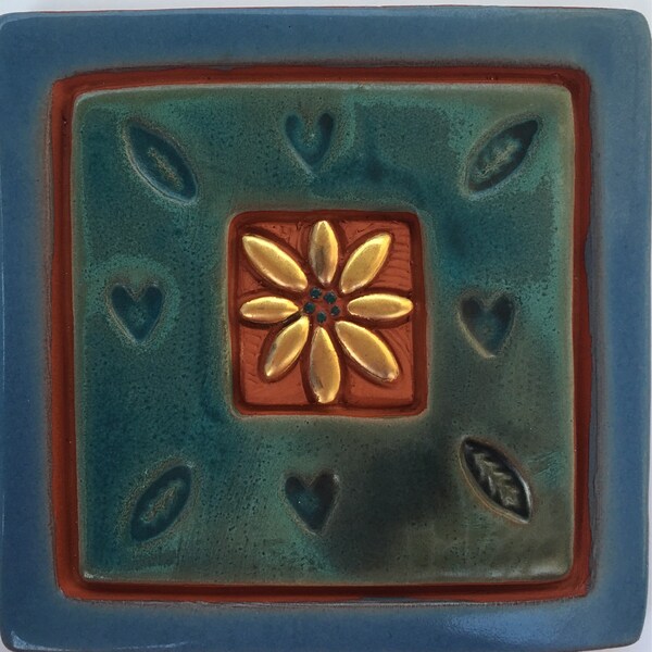 Flower Tile / 4.5 x4.5 inch / Square Tile / Ceramic Art Tile / Green and Gold Tile/ wall plaque