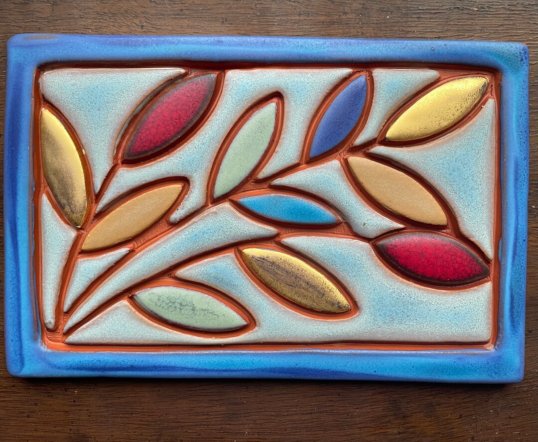 Colorful Handmade ART Tile Blue Tile With Green Red Yellow Gold Leaves