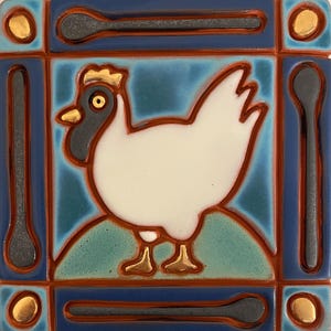 Ceramic art tile, White CHICKEN, 5” square ceramic wall plaque, Hen + Eggs kitchen decor Handmade Glazed Earthenware clay + 22k gold accents