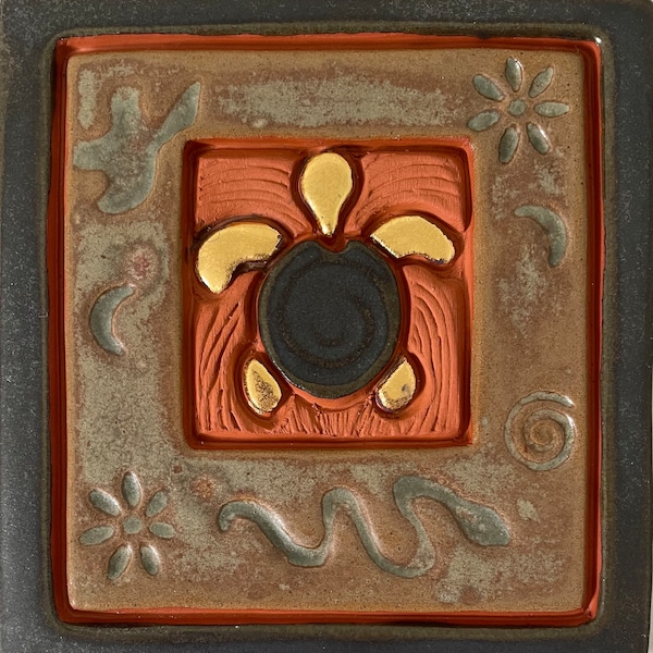 Ceramic turtle ART tile / 5" square /  earthenware pet turtle - stamped, glazed  in olive green + metallic + 22k gold accents - HANDMADE