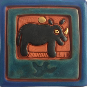 Rhino tile / ceramic wall plaque / Handmade in USA / green blue and gold
