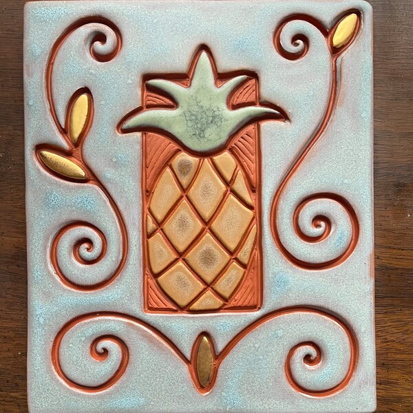 Handmade Clay Pineapple  ART Tile / Brightly glazed clay +  22K gold / Decorative Ceramic Kitchen Decor - Perfect Host gift /  6" x 7.25"