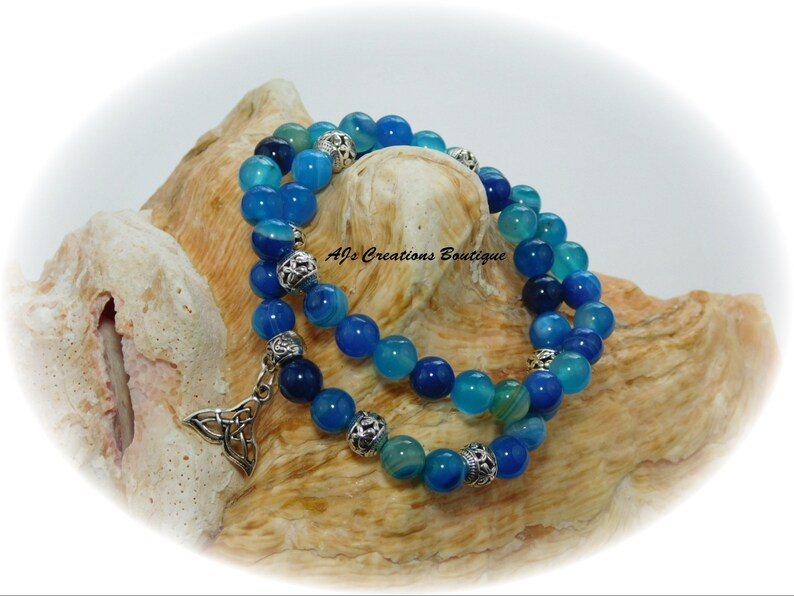 Mermaid Bracelet Birthday Gift for Friend Mermaid Jewelry Blue Stripe Agate Bracelet Set Whale Tail Bracelet Bead Bracelet for Women