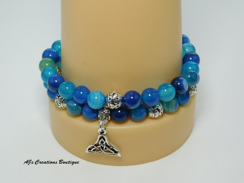 Mermaid Bracelet Birthday Gift for Friend Mermaid Jewelry Blue Stripe Agate Bracelet Set Whale Tail Bracelet Bead Bracelet for Women