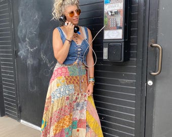 Patchwork cotton wrap around skirt