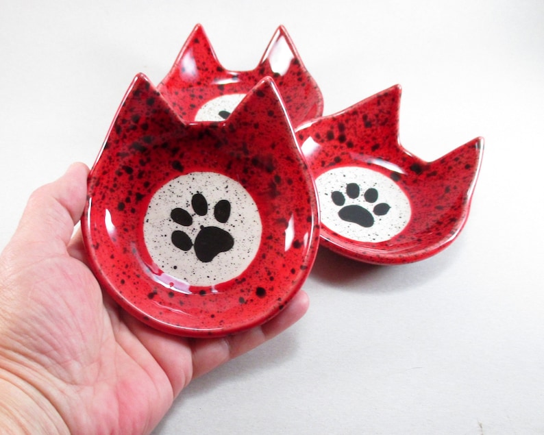 Red Cat Dish, Ceramic Cat Dish, Paper Clips Holder, Cat Trinket Dish