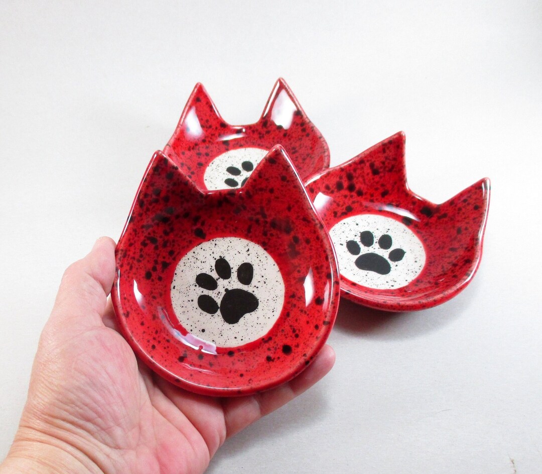 Red Cat Dish, Ceramic Cat Dish, Paper Clips Holder, Cat Trinket Dish