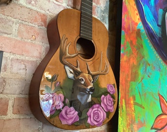 Deer & Roses Hand-painted Antique Guitar