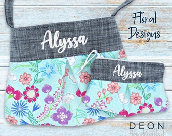Personalized Floral Toddler Purse and Wallet Set, Embroidered Play Purse
