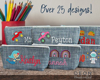 Personalized Kids Pencil Case, Embroidered Zipper Pouch, Water Resistant Lining