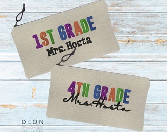 Embroidered Teacher Pencil Pouch, Custom Name, Water Resistant Lining