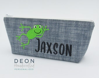 Embroidered Frog Pencil Pouch, Personalized Kids Zipper Pouch