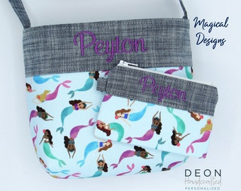 Personalized Girls Crossbody Bag and Wallet Set, Mermaid Purse, Whimsical Designs