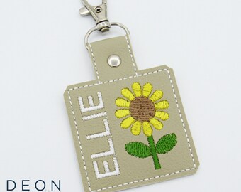 Sunflower Bag Tag, Personalized Kids Key Fob, Keychain, Zipper Pull, Back to School