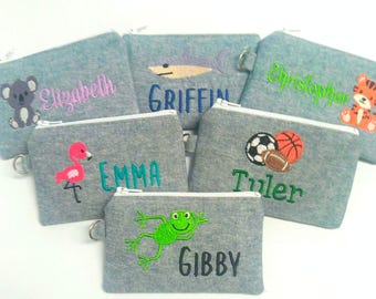 Personalized Kids Coin Pouch, Embroidered Wallet, Party Favor Gift