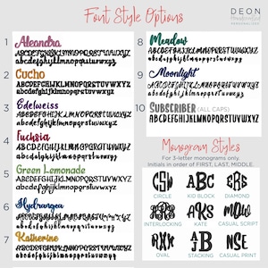 May include: A chart with font style options for a personalized design service. The chart lists 10 different font styles with a sample of each font style in uppercase and lowercase letters. The chart also includes a section for monogram styles with 6 different monogram styles and a description of how to order the initials.