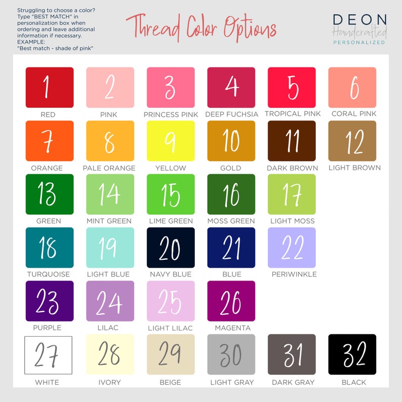 May include: A chart showing 32 different thread colors with corresponding numbers and names. The colors include red, pink, orange, yellow, green, blue, purple, white, ivory, beige, gray, and black.