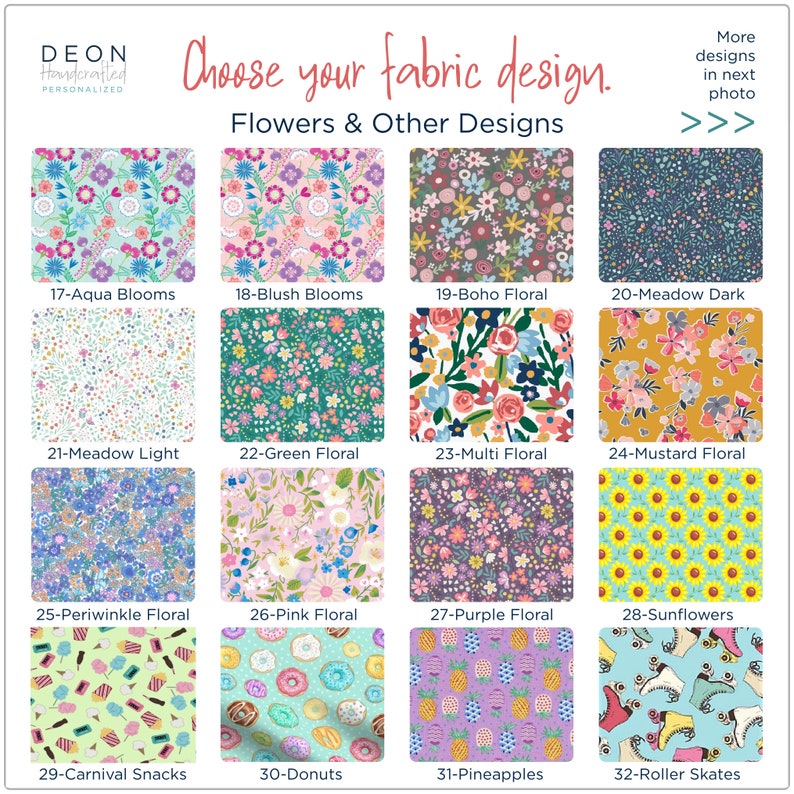 May include: A chart of 32 different fabric designs for personalized items. The designs include flowers, donuts, pineapples, roller skates, and more. The chart is labeled "Choose your fabric design. Flowers & Other Designs."
