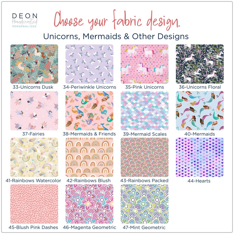 May include: A collection of fabric designs featuring unicorns, mermaids, rainbows, hearts, and geometric patterns. The designs are displayed in a grid format with a title above the grid that reads "Choose your fabric design. Unicorns, Mermaids & Other Designs".