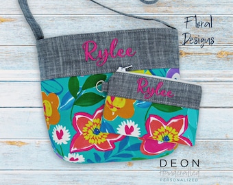 Personalized Floral Girls Purse and Wallet Gift Set, Monogrammed Crossbody Bag