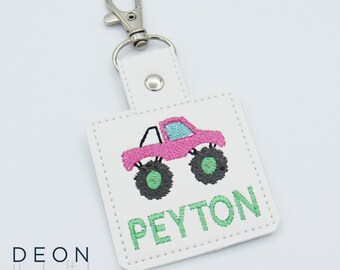Pink Monster Truck Bag Tag, Personalized Kids Key Fob, Keychain, Zipper Pull, Back to School