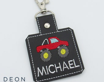Red Monster Truck Bag Tag, Personalized Kids Key Fob, Keychain, Zipper Pull, Back to School