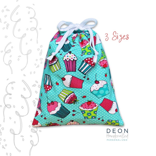 Birthday Gift Bags, Cupcake Gift Wrap, Reusable Fabric Drawstring Bags, Handmade Treat Sack, Eco Friendly, Cupcakes on Aqua