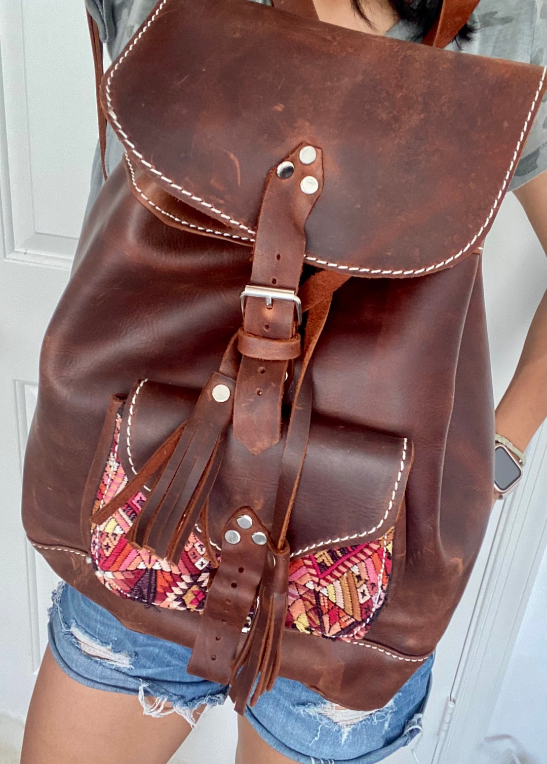 Handmade Brown Leather Backpack, Embroidered Guatemalan  display picture 3