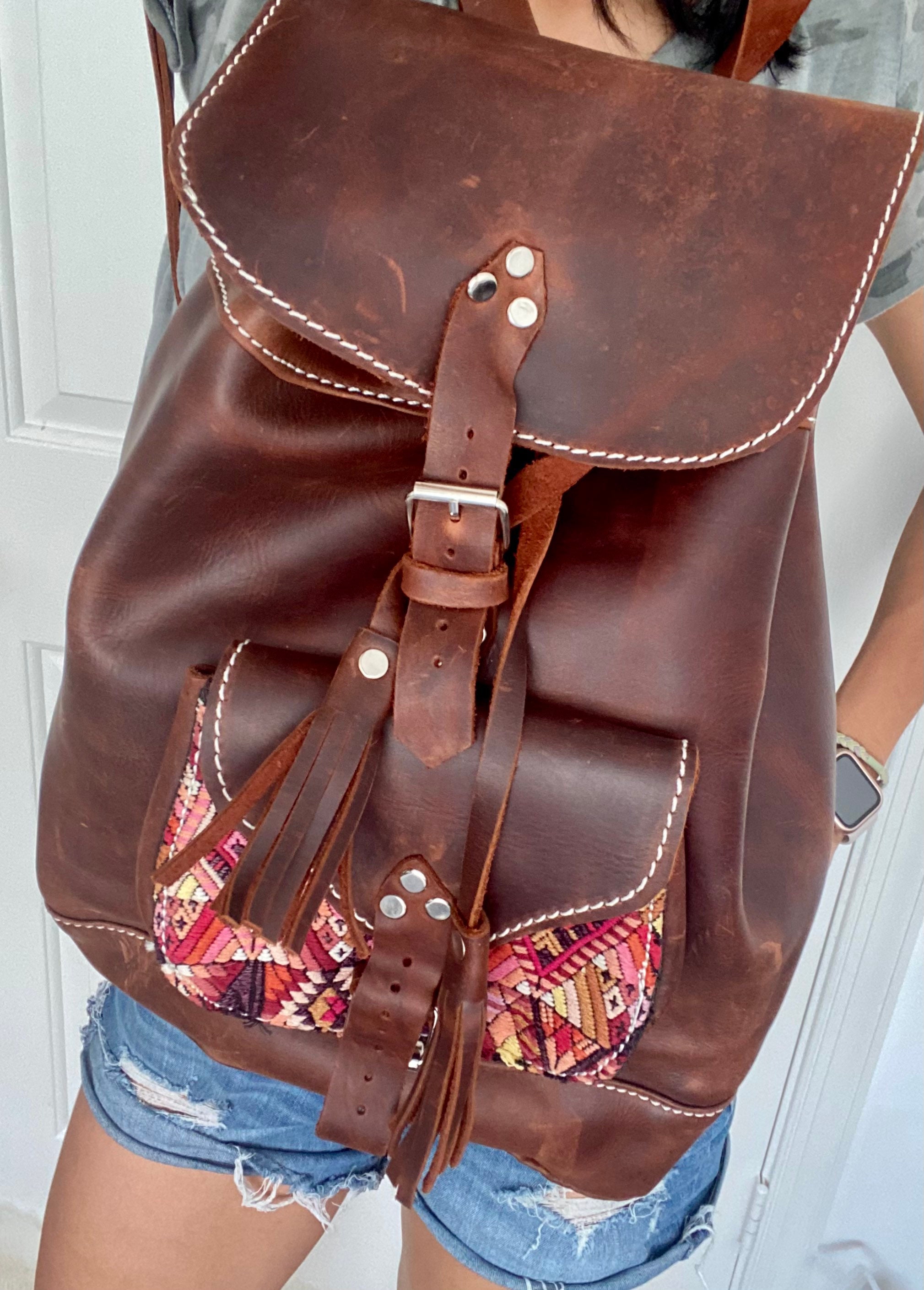 Handmade Brown Leather Backpack, Embroidered Guatemalan  display picture 2