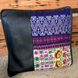 Unique Artisanal patchwork leather and huipil pillow cover