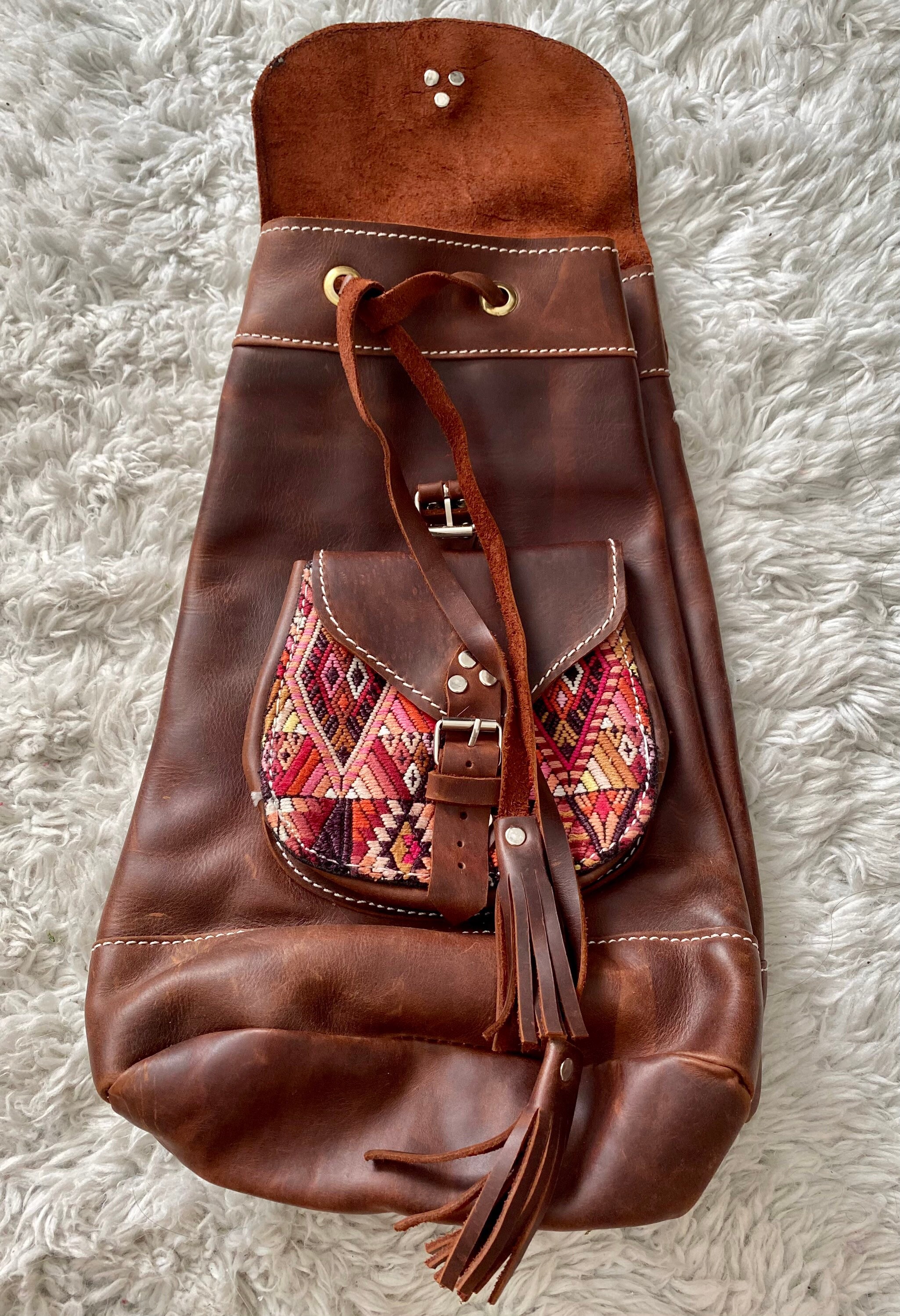 Vintage Guatemalan Leather Embroidered Backpack Handmade Leather Backpack With Guatemala Huipil Embroidery  main image 2