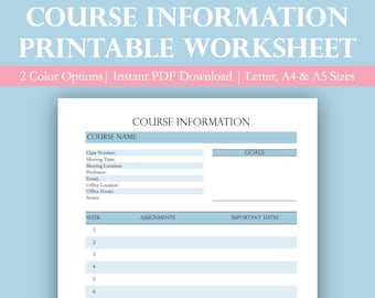 Printable Class Information Worksheet | Course Information Sheet | Class Info Page | School Reference Page | Class Worksheet | College