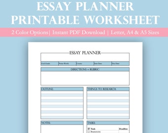 Printable Essay Planner | Essay Organization Worksheet | Class Planner Page | Assignment Planner Worksheet | School Planner Page | College