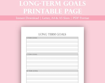 Long Term Goals Printable Page | Goal Planner Insert | Printable Goal Planner | Digital Goal Planner | A4 Planner Insert | Goals Worksheet