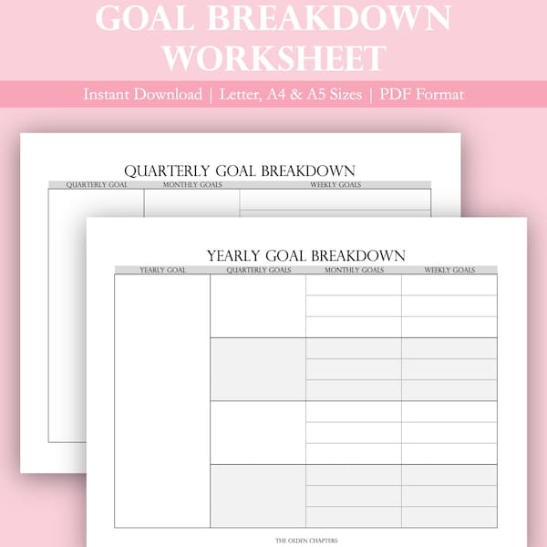 Goal Breakdown Worksheet | Yearly Goals | Quarterly Goals | Goal Planner Printable | Goal Setting | A5 Planner Insert Goal | Goal Worksheet
